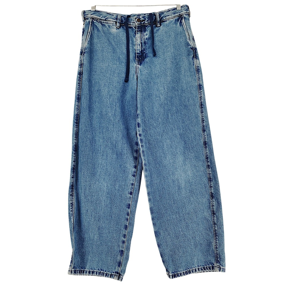 Uniqlo Wide Fit Tapered Jeans L 34x29 Men Baggy Blue High Rise Drawstring Skater